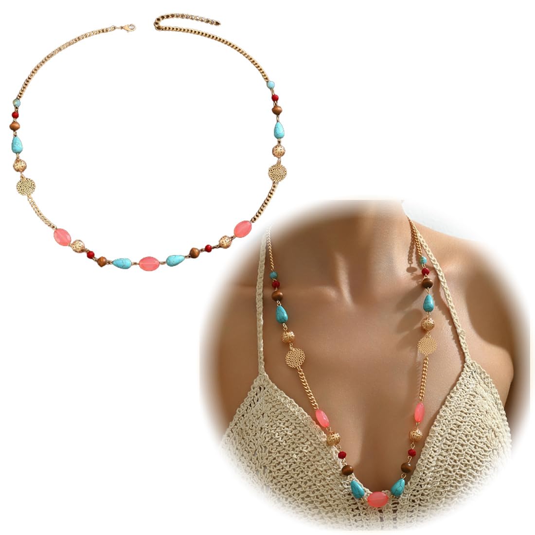 WHYCNJL 1 Pieza Collar Colorido de Mujer Collar Largo de Metal con Cuentas de Oro Regalos de Cumpleaños de Mujer Bohemios