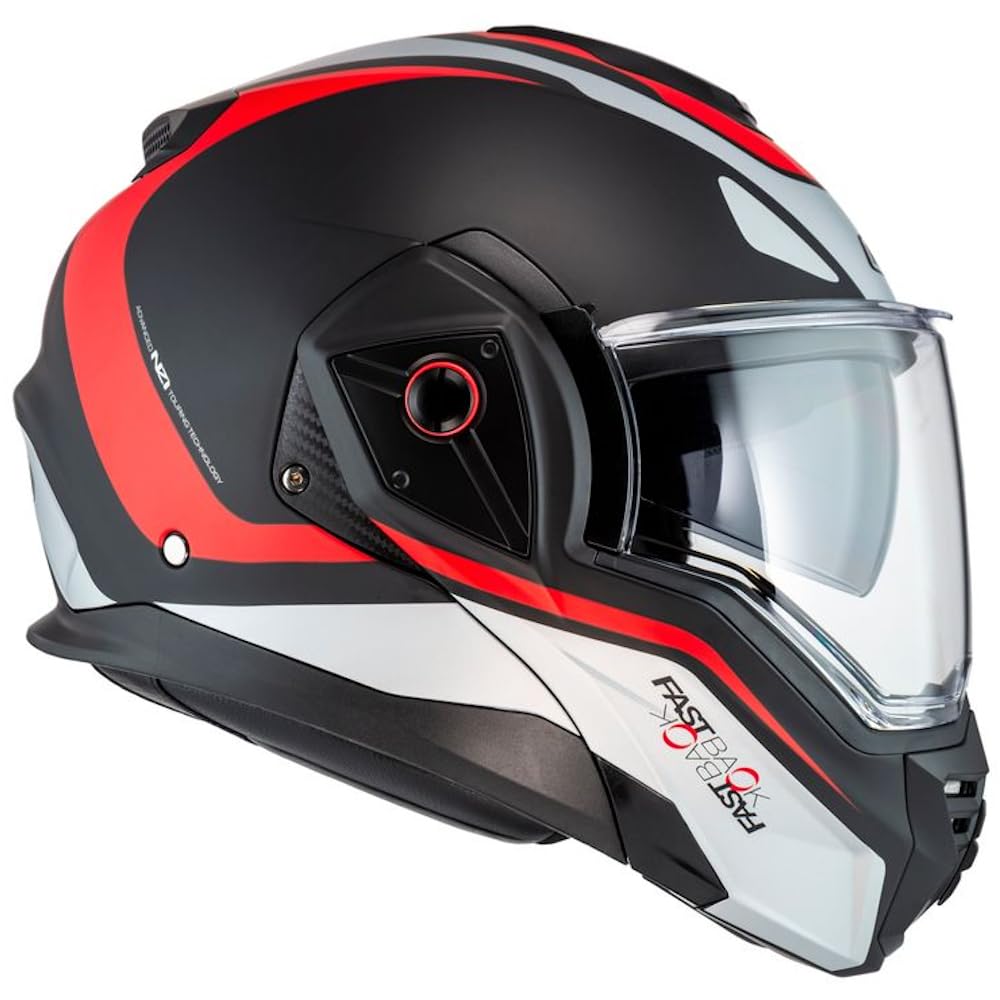 NZI Fastback Duo Designed Summum Negro Mate Rojo Intercom Sena - Casco de Moto Modular Abatible Bluetooth Integrado con Visor Solar - Unisex Hombre y Mujer - Homologado P/J ECE 22.06