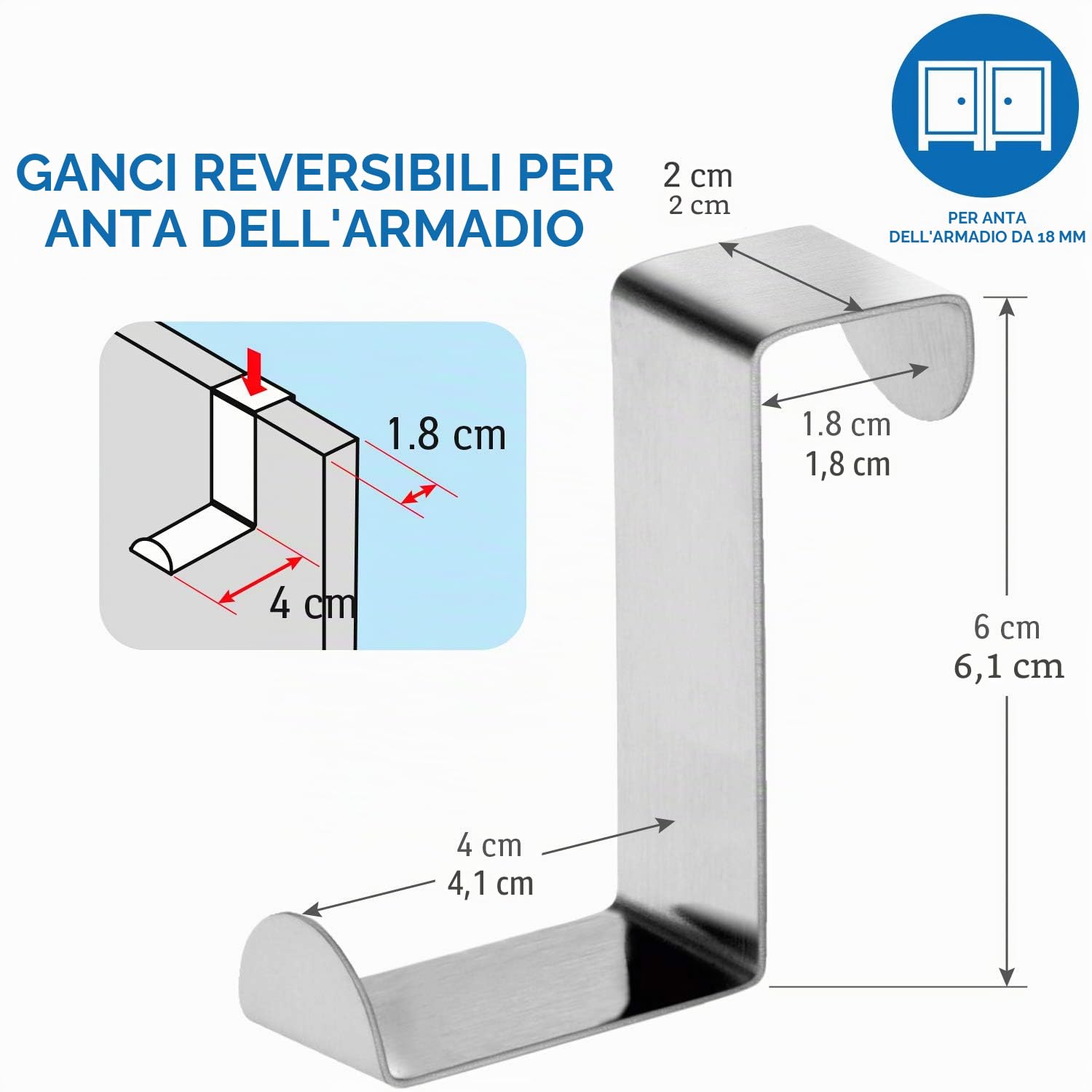 Tatkraft Seger - 6 Ganci per Porte in Acciaio Inossidabile - Reversibili per Ante Standard e Guardaroba e Armario - Fino a 5 kg