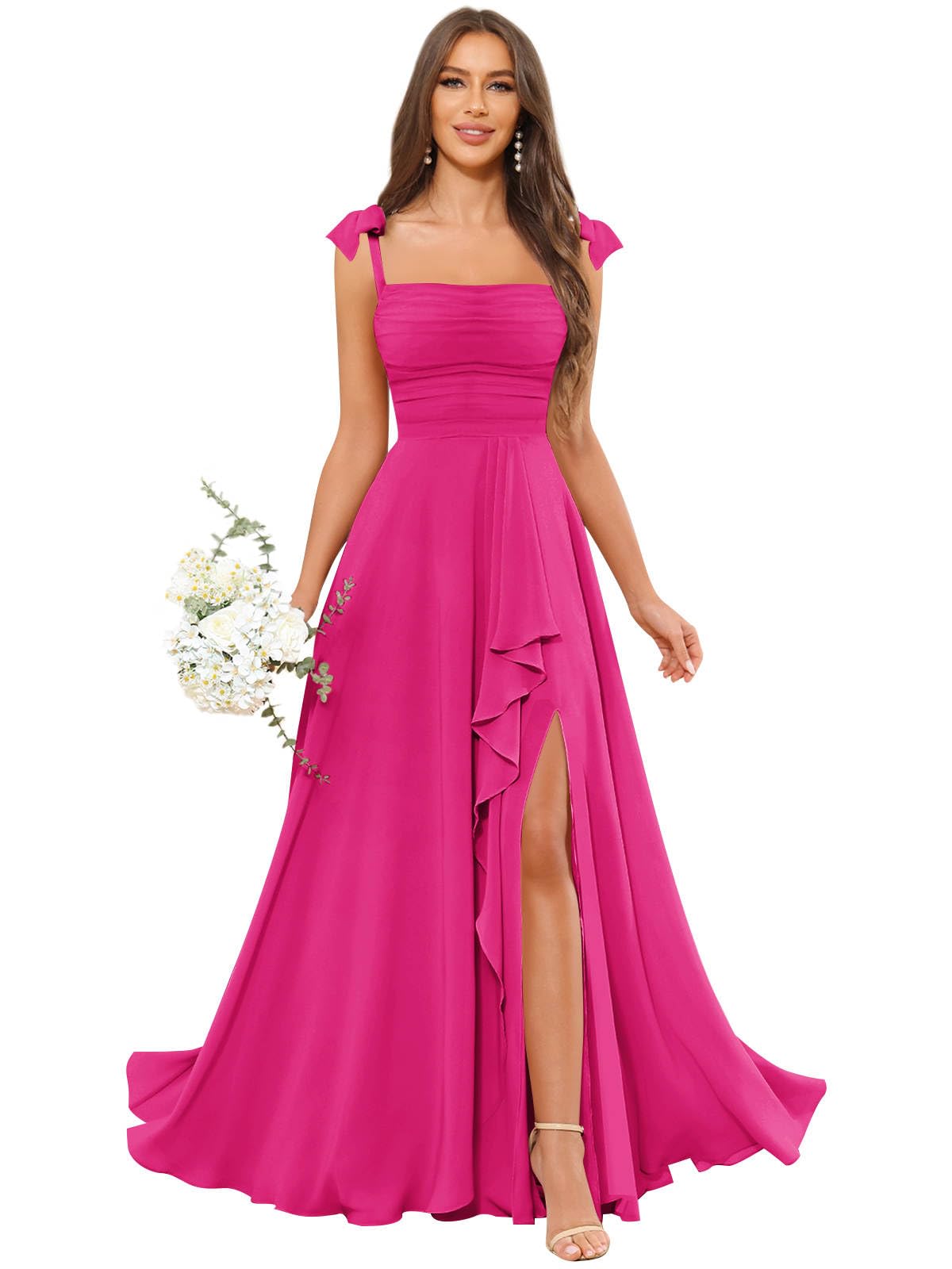 GUKARLEED Women’s Long Bridesmaid Dresses Ruffles Floral Chiffon Scoop Neck A-line Wedding Guest Formal Dress with Pockets