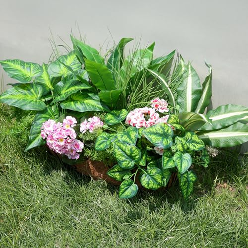 florisso 10 Bundles Artificial Greenery Plants & Flowers for Outdoor UV Resistant Fake Plants Plastic Leaves with Stems for Outside Garden Porch Decor (Mixed-PurplePink)