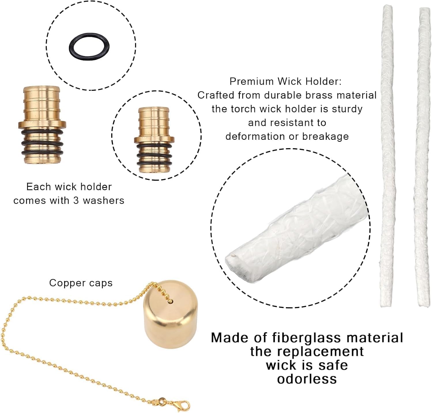 16 Pcs Long Life Wine Bottle Tiki Torch Kit Include Tiki Torch Wick Holder with 8 Pcs Tiki Torch Wicks Fiberglass Replacement and 8 Caps for DIY Homemade Torch Decor Brass (16, white2)