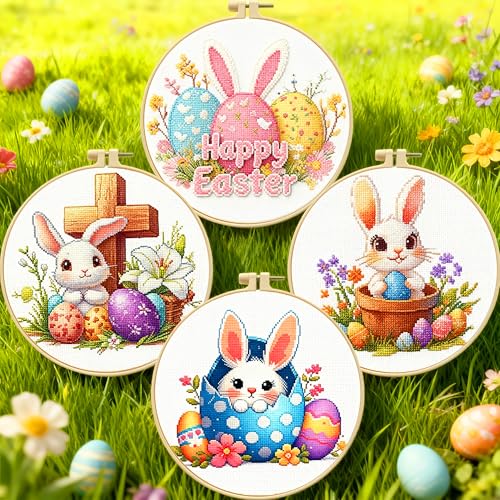 Image of Zhenging Easter Cross Stitch Kit with 4 Bunny & EggPatterns -9.45x9.45 Inch Hoop, Pre-Printed Fabric,Threads, Tools -DlY Easter Craft Gift for Adults, HomeDecor