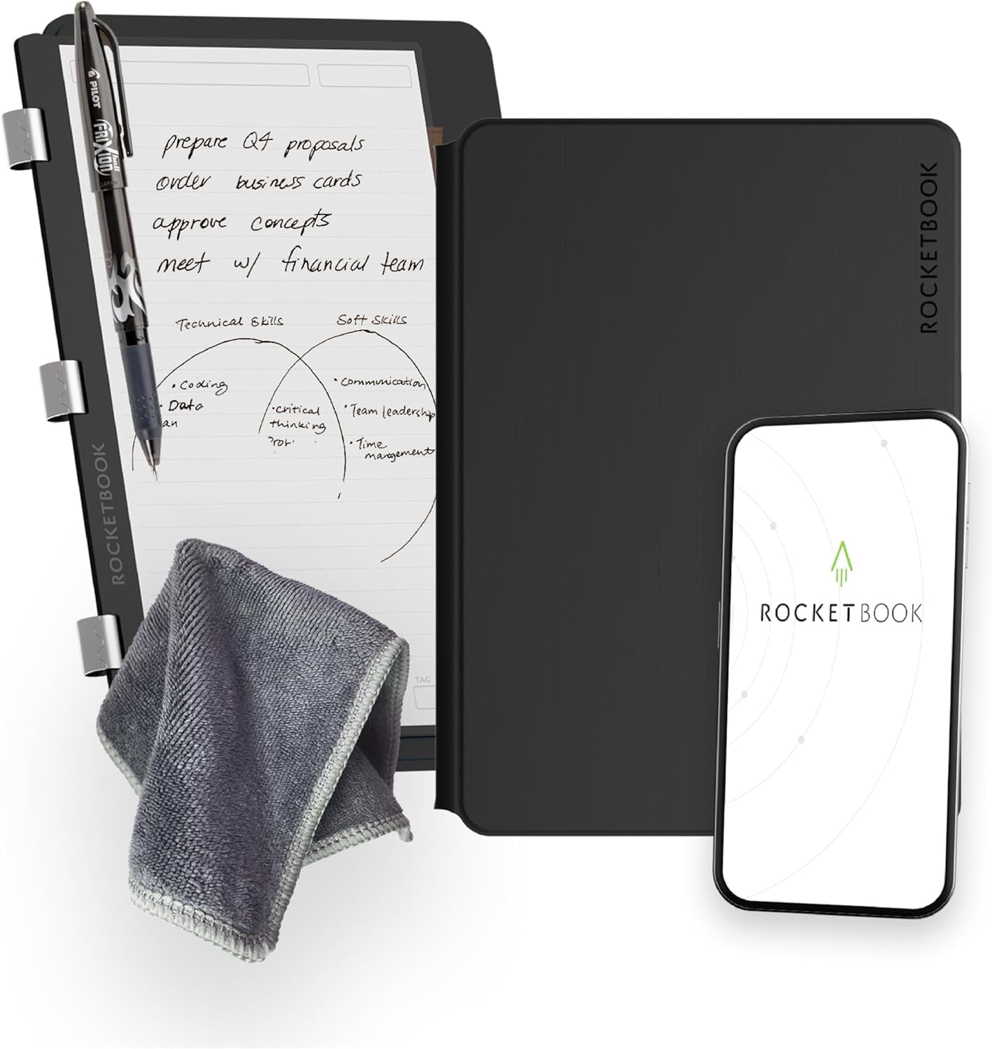 Rocketbook Carnet de notes numérique réutilisable – Carnet intelligent A5 noir, 20 pages, reliure à spirales, papier pointillé et ligné, couverture en cuir vegan avec stylo effaçable Frixion