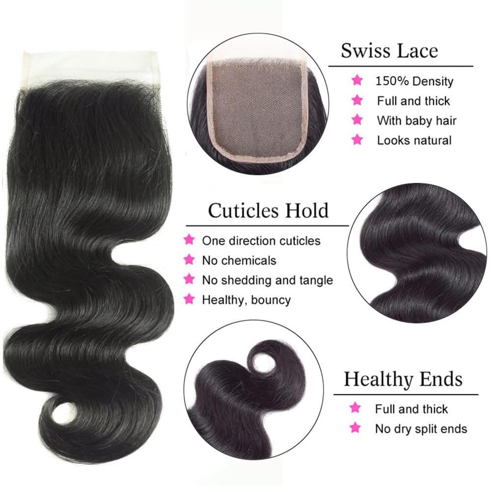 Human Hair Bundles with Closure 18 20 22+16 Inch Body Wave Closure with Bundles 100% Brazilian Virgin 3 Bundles Human Hair Weave with 4x4 Free Part Lace Closures Natural Black
