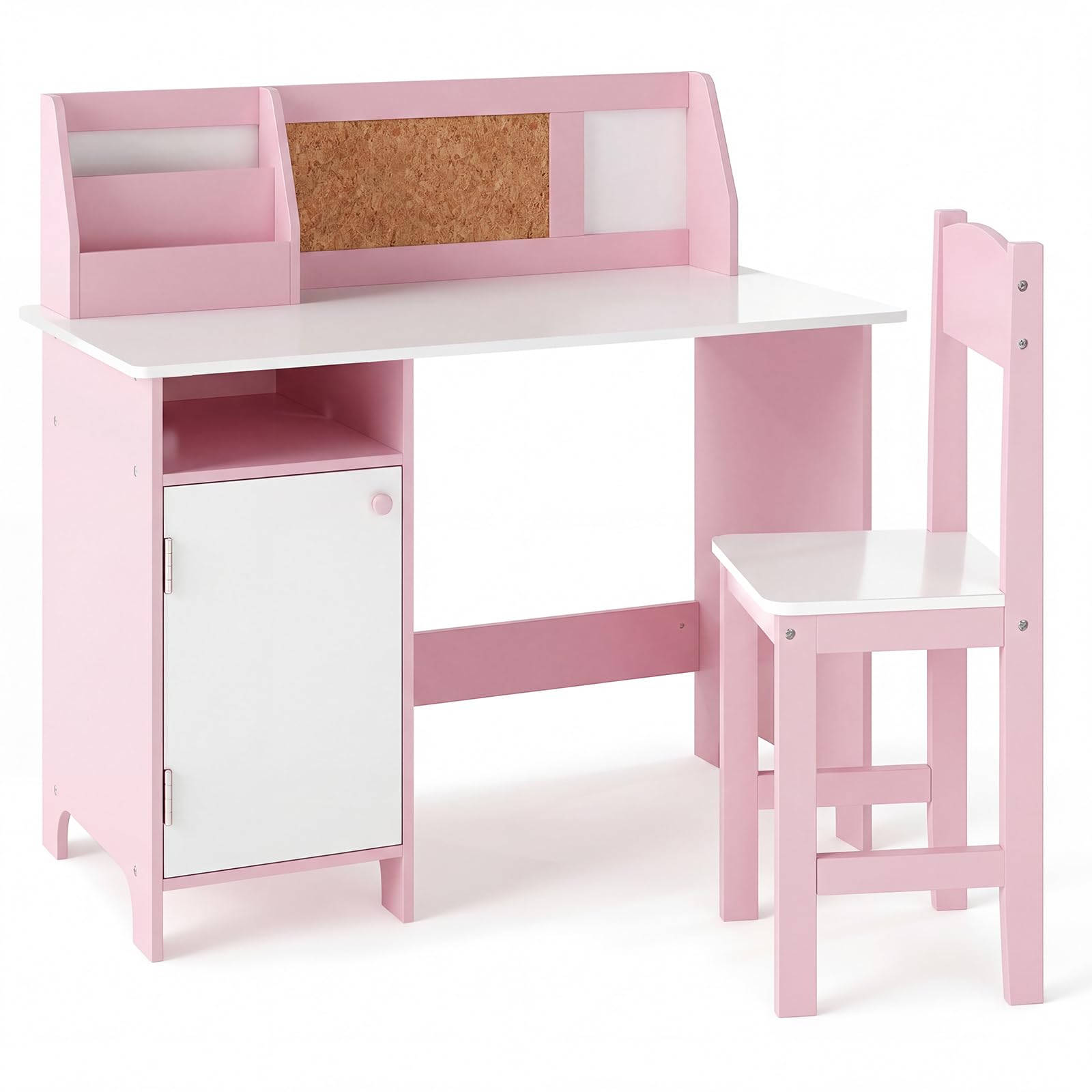 COSTWAY Kids Desk and Chair Set, Wooden Children Study Table with Storage Cabinet, Cork Board, School Students Workstation for Studying, Reading and Drawing (Pink+White)