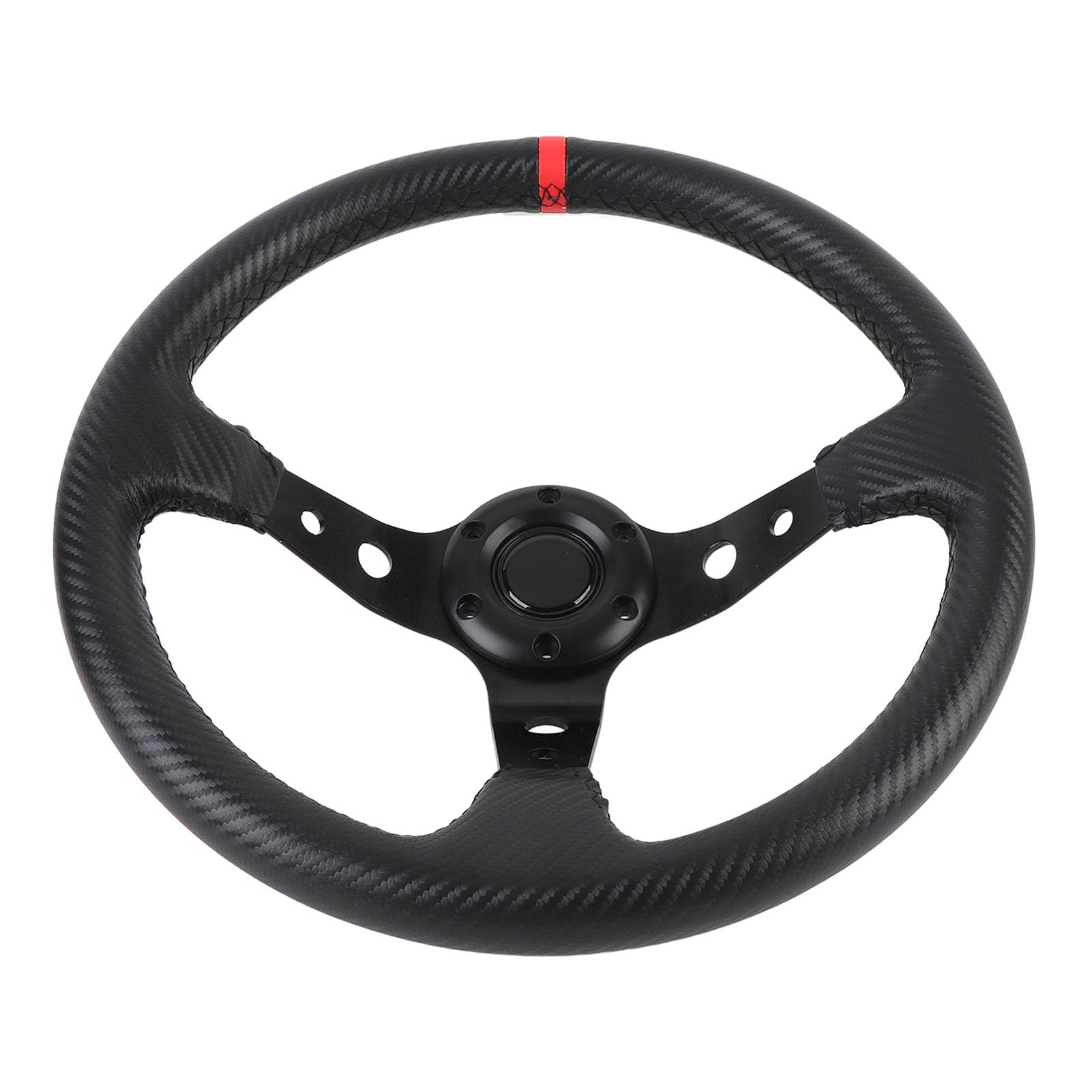 Volant de Course Sportif 14 Pouces Look Carbone Universel en PVC Aluminium avec Bouton de Klaxon pour Adaptateur de Moyeu 6 Trous Rouge pour Voiture de Sport et Dérive