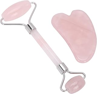 Rolo de quartzo rosa com Gua Sha, massageador facial para aperto facial, conjunto de beleza Gua Sha Board massageador de quartzo rosa para antienvelhecimento antirrugas (prata)