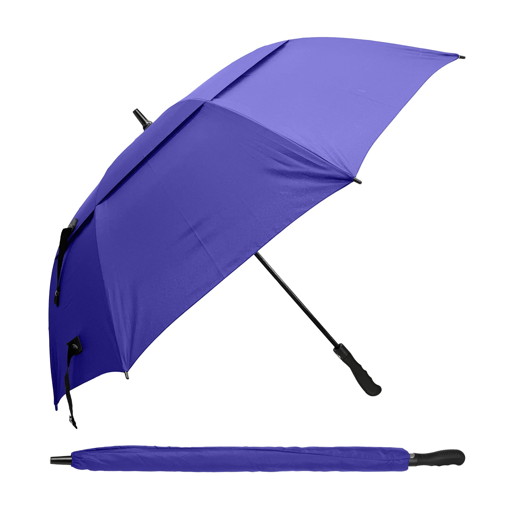 Dryzone Windproof Golf Umbrella Straight Handle, Purple – Heavy Duty Large Umbrella, Fibreglass Frame, Double Vented 132cm Canopy, Magnetic Strap, Rubberised Handle - Waterproof