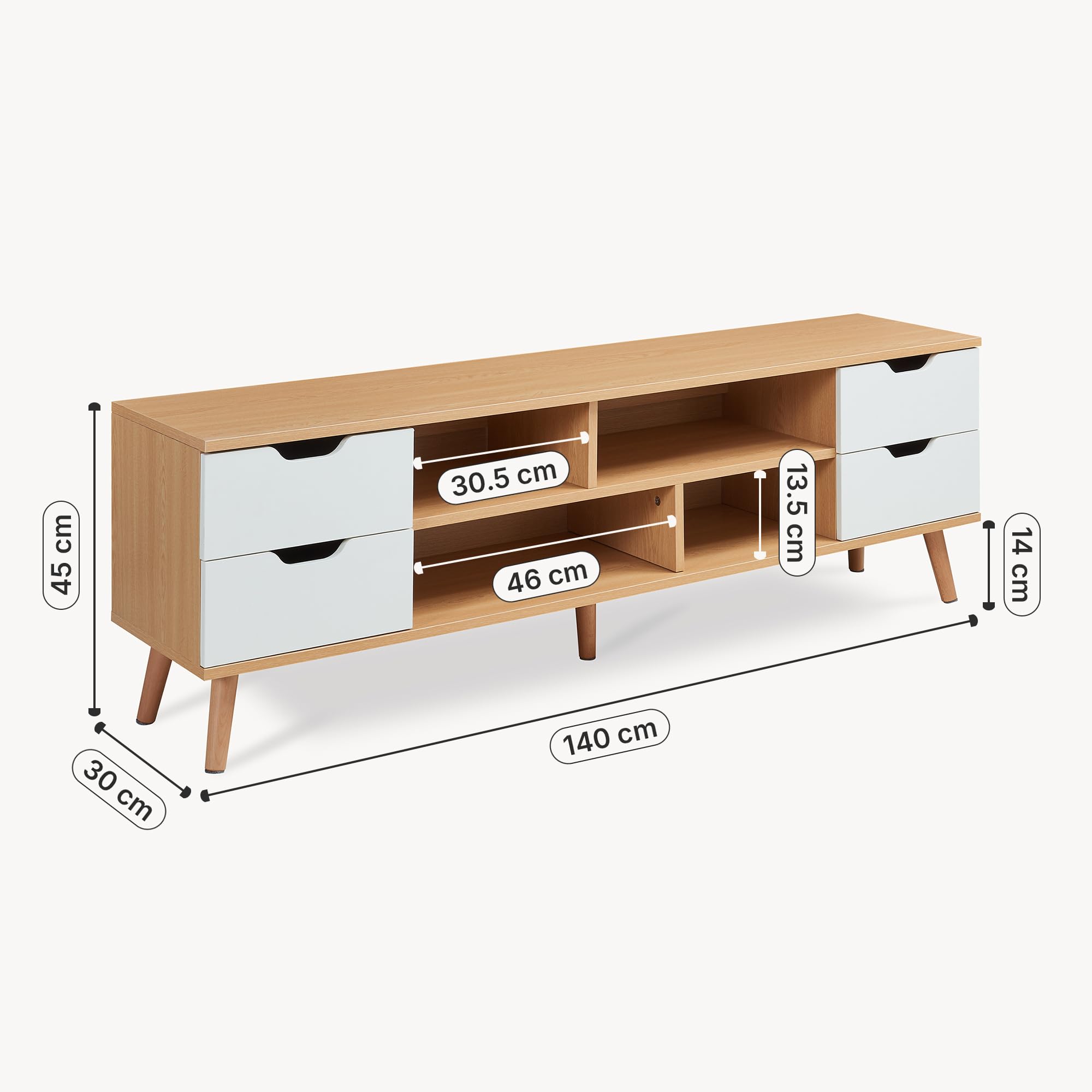 [en.casa] Mobile Porta TV con 4 Cassetti e Scomparti Vani Portaoggetti Stand Multimediale Mobile Contenitore per Soggiorno Camera da Letto Studio 140 x 30 x 45 cm - Effetto Rovere/Bianco