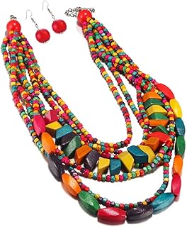 Handmade Multi-Layer Chunky Wooden Beads Bib Necklace Earrings Set African Statement Collar Choker Multi Strand Necklace Boho Jewelry