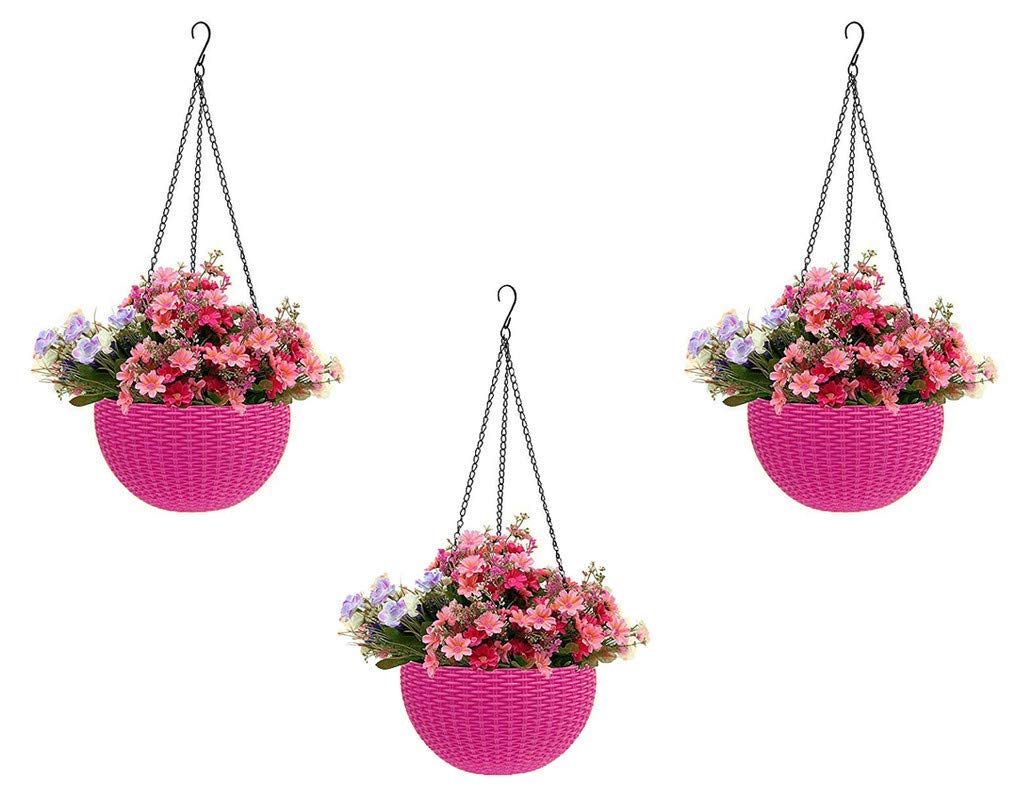 Abasr 8inch Pink Round Rattan Woven Plastic Flower Hanging Planter