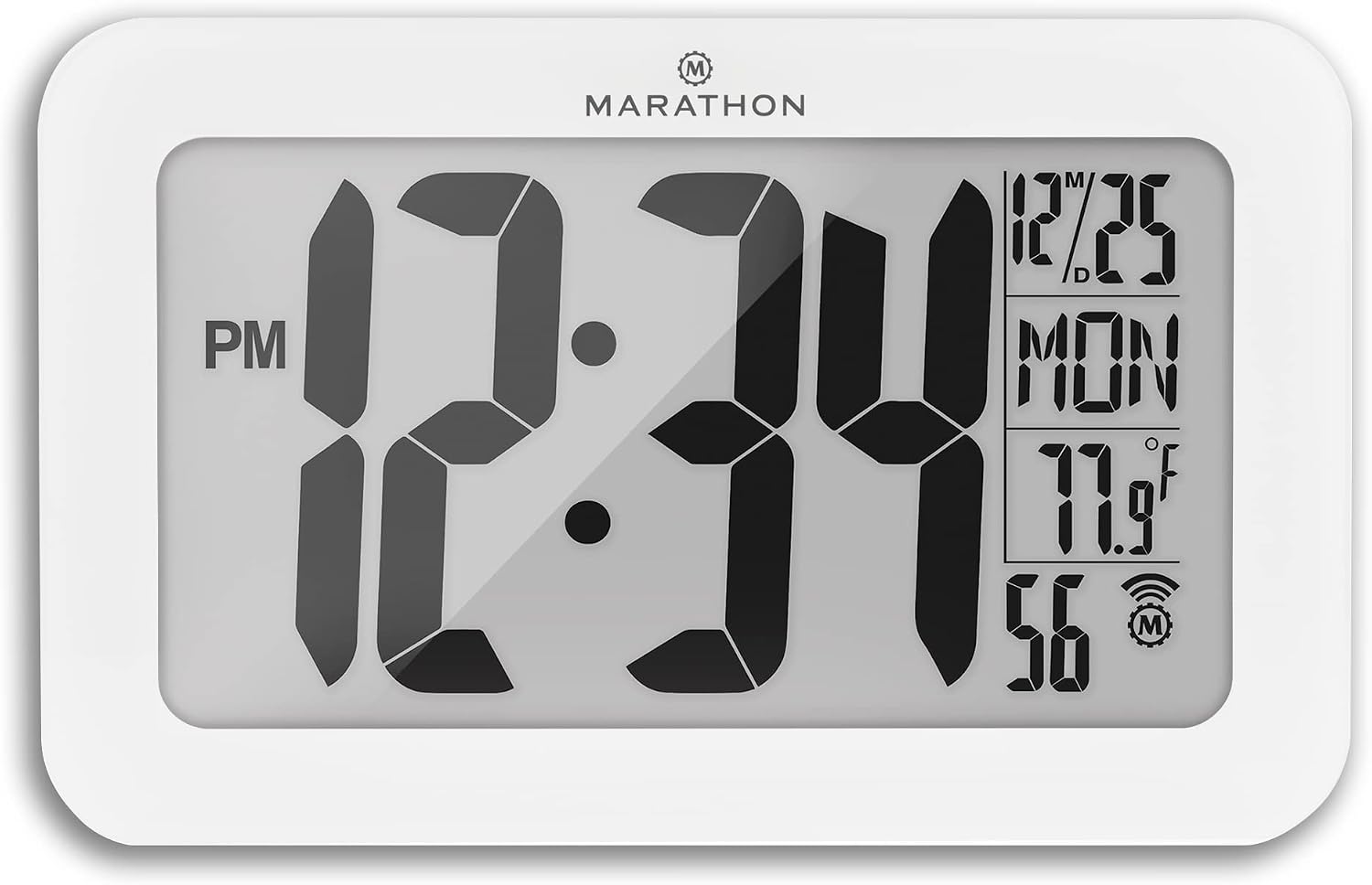 MARATHON Atomic Wall Clock, White - Large 9-Inch Display - AM/PM or 24-Hour Time, 8 Time Zones, Indoor Temperature, Day & Date - Two AA Batteries Included