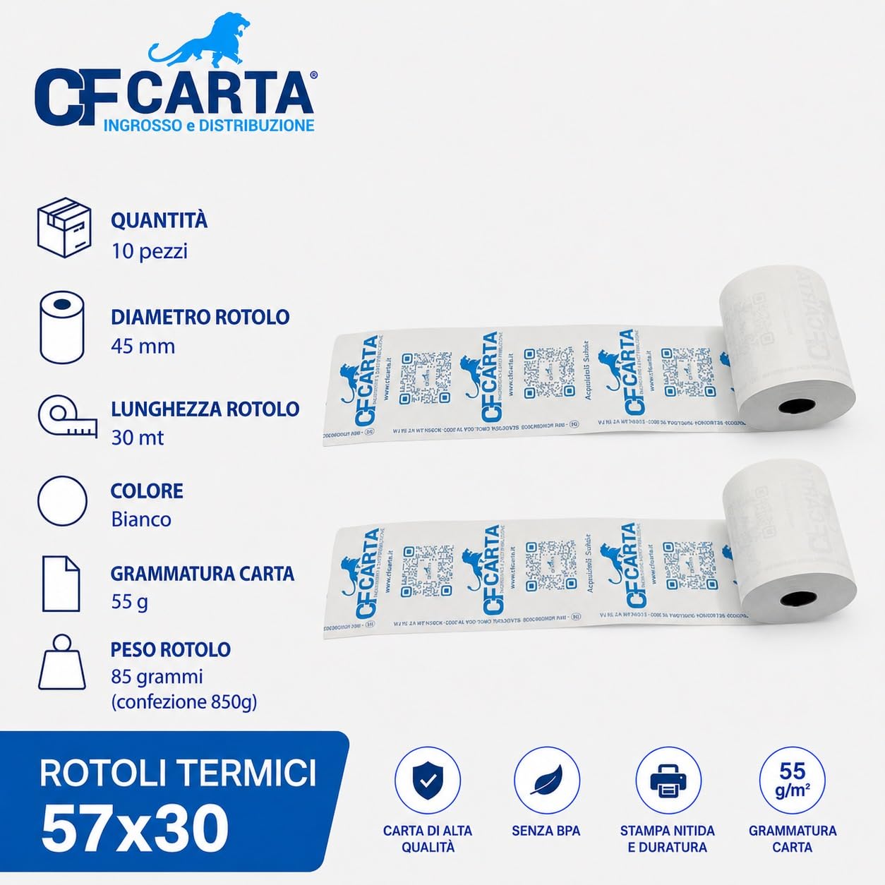 Rollos térmicos para caja, rollos homologados para recibos de 57 mm x 30 metros de longitud, paquete de 100, rollos impresora térmica, papel impresora térmica