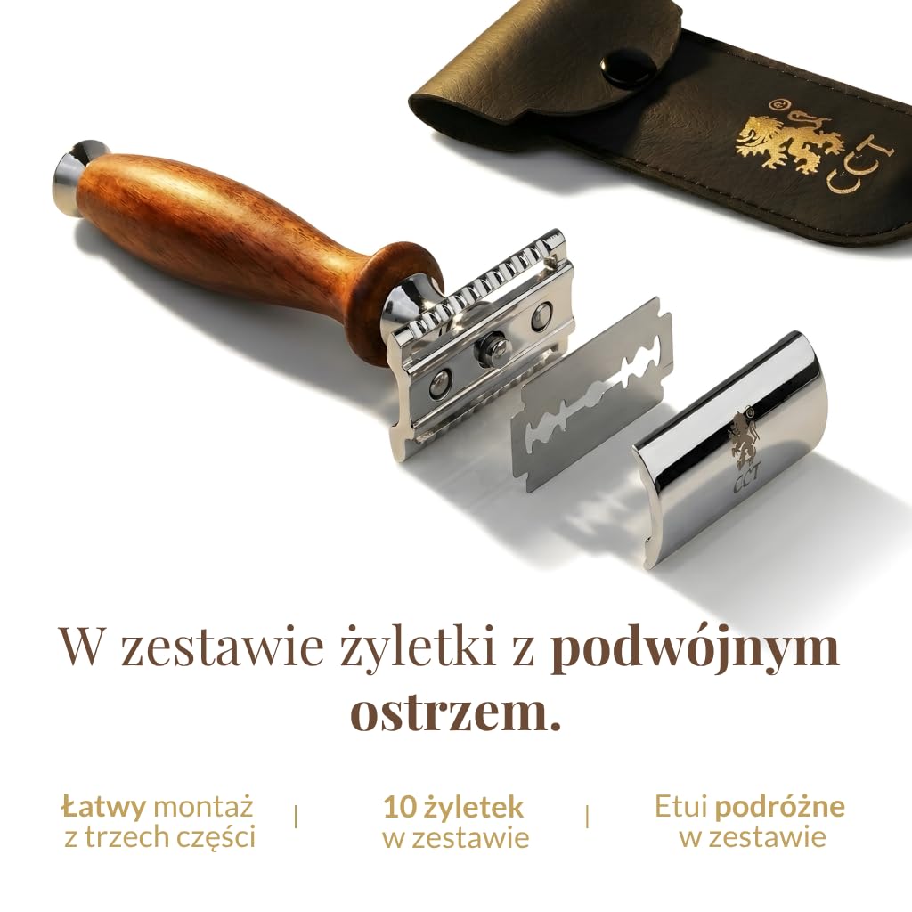 Maszynka do golenia z podwójnym ostrzem The Cambridge Cutthroat®, profesjonalna, tradycyjna, z drewna Missanda, premium, do golenia, modelowania wąsów i brody, w zestawie etui podróżne