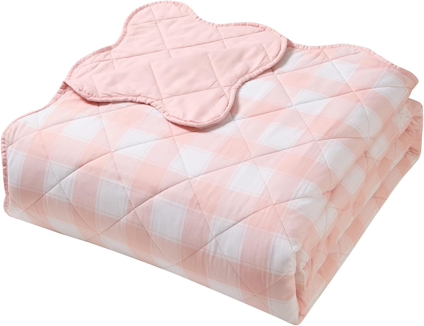 Hallmark Pink Quilt for Queen Bed, 3-Piece Gingham Scalloped Bedspread Coverlet and Shams (Checkered Bliss, Full/Queen)
