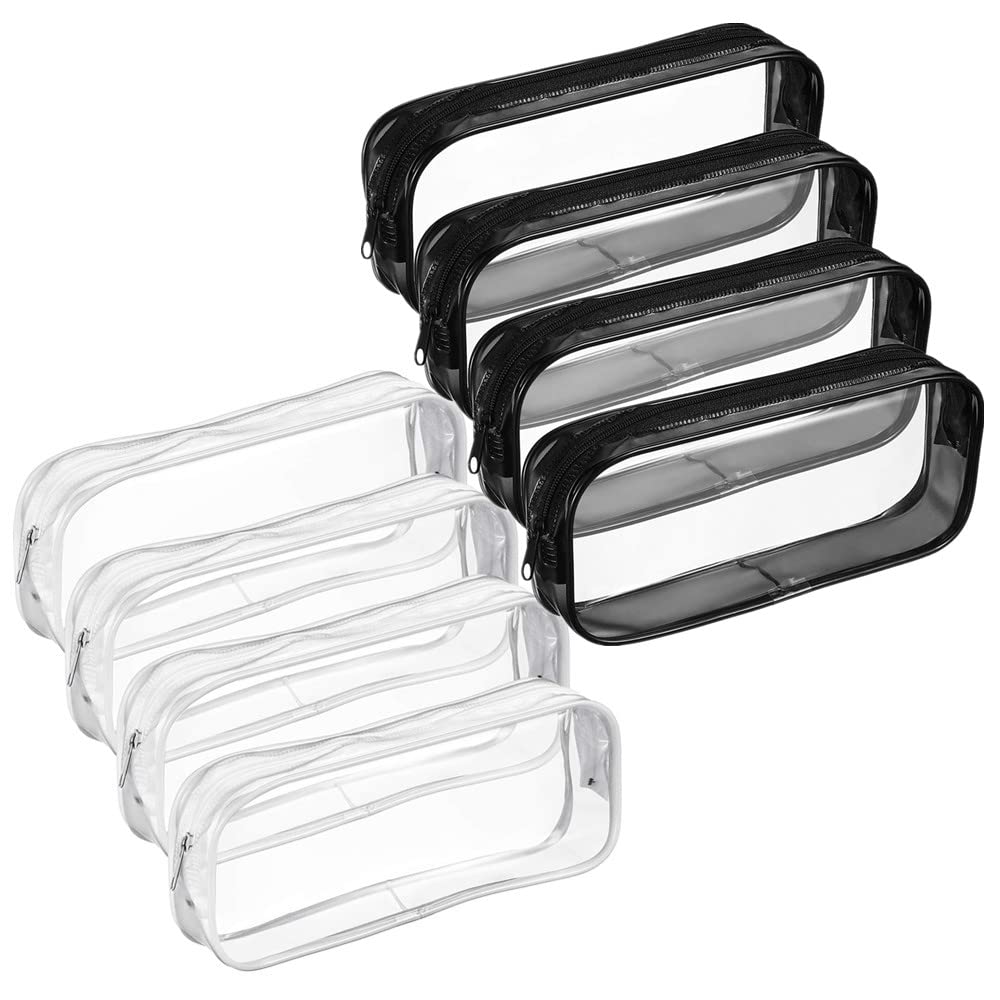 Wanfoou Clear Pencil Case,8 Pack Clear PVC Pencil Case with Zipper,Portable Transparent Pencil Bag Makeup Pouch for Office Stationery and Travel Storage(Black, White)