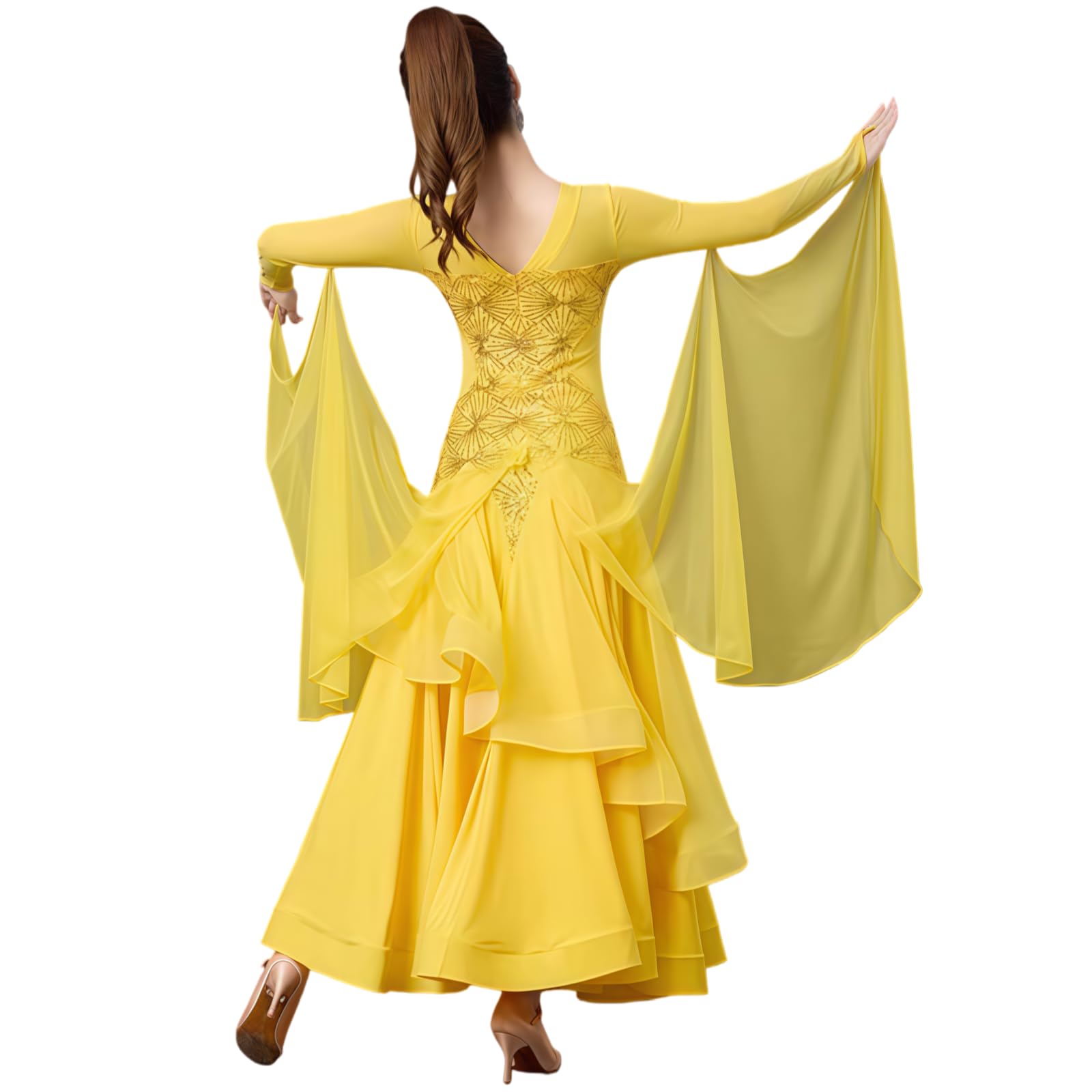 Damen Standard Ballroom Tanzkleid, Langarm Elegantes Tanzkleid Mit Strass Und Fließendem Rock, Farbverlauf Tanzkleid Für Walzer Tango Foxtrott Training Und Turnier