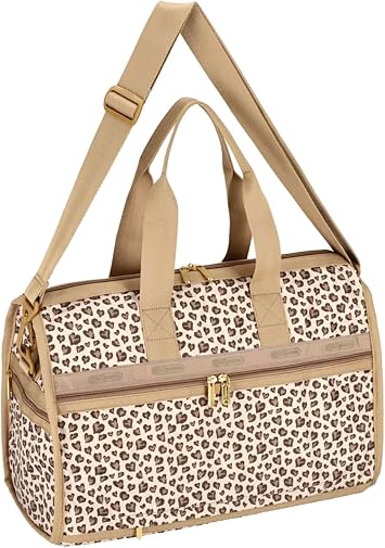 LeSportsac Latte Heart Leopard Brown Deluxe Medium Weekender Crossbody Bag, Style 4318/Color HC09, Modern Abstract Interpretative Heart Leopard Design in Cocoa, Palomino & Mocha