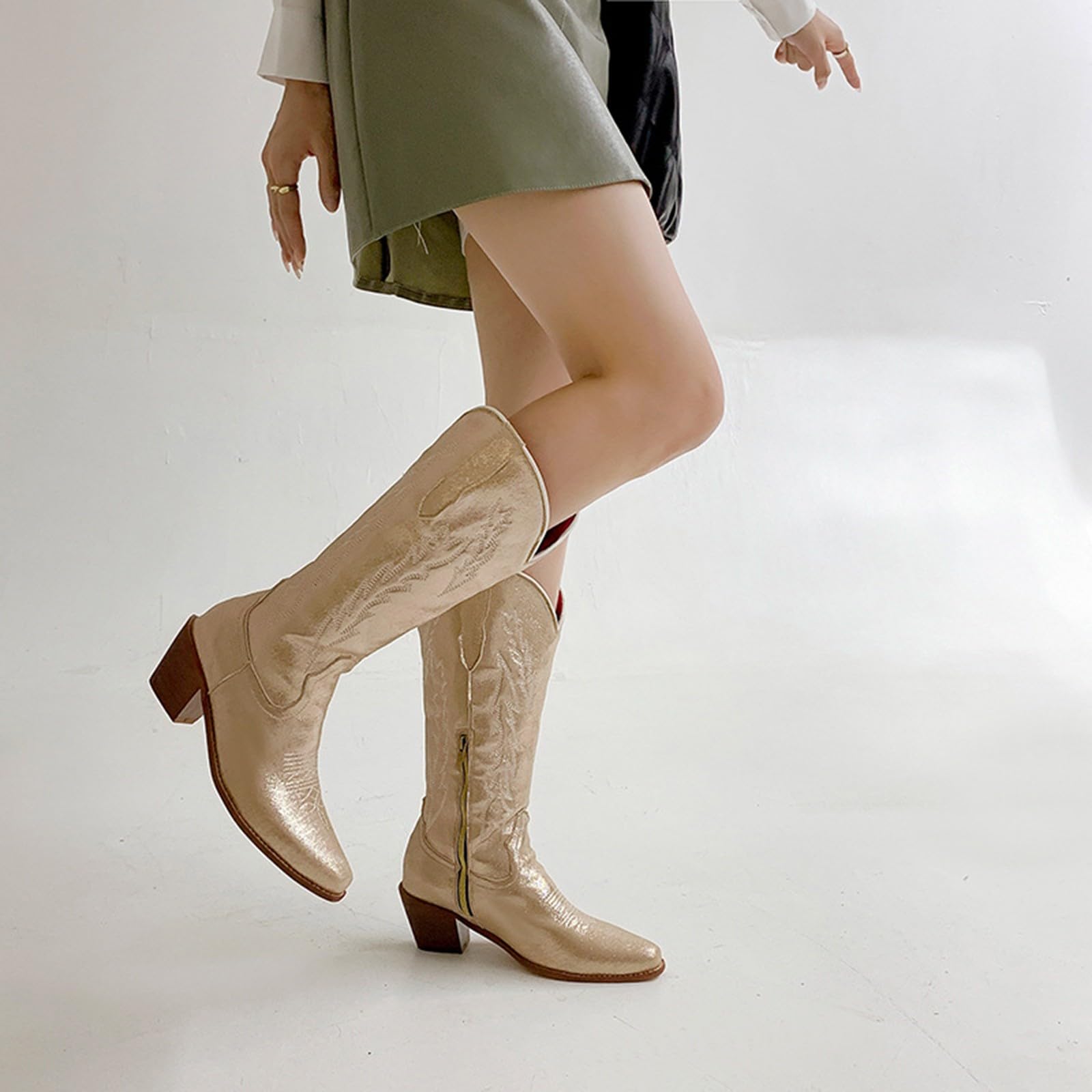 MJGkhiy Botas de Mujer Texanas Altas Western Botines Con Tacón de Bloqueo Ante Bota De Punta De Invierno Cuero Boots Marrones Cowboy Botas Camperos Botín Cómodos