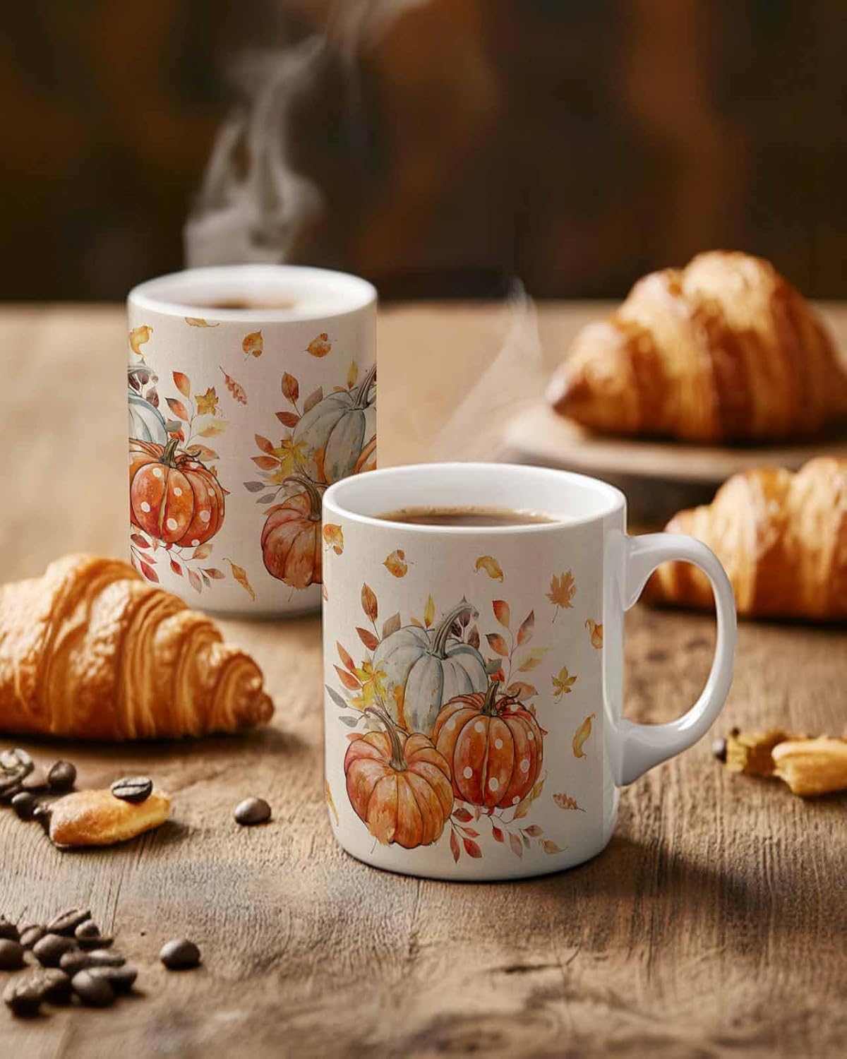 BEMIGO Ceramic Coffee Mug Farmhouse Polka Dots Pumpkins Ceramic Mug White Cup, Fall White Orage Insulated Coffee Cup with Handle with Pattern Perfect for Tea and Hot Beverages, 12oz