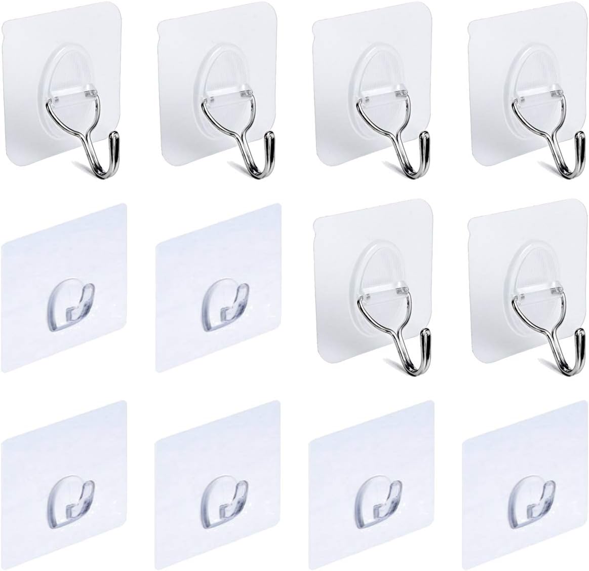 Adhesive Reusable Wall Hooks Heavy Duty 9 Pounds - Clear Transparent Damage Free, Removable - Stick on Ceiling Hanger for Kitchen, Bedroom, Bathroom, Shower Hanging Coat Towel Picture - 12 Pack (12)
