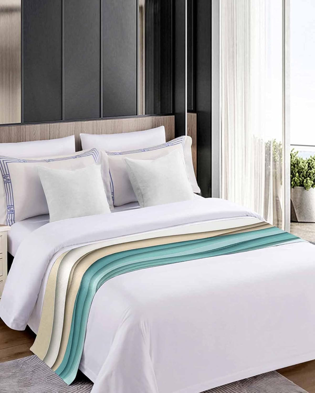 Minimalist Khaki Teal White Stripe Bed Runners for Bedroom Hotel,Decorative Bedding Scarf Gradient Water Ripple Art Bed End Blanket Bedding Runner Scarves for Queen Size Bed,94x20in