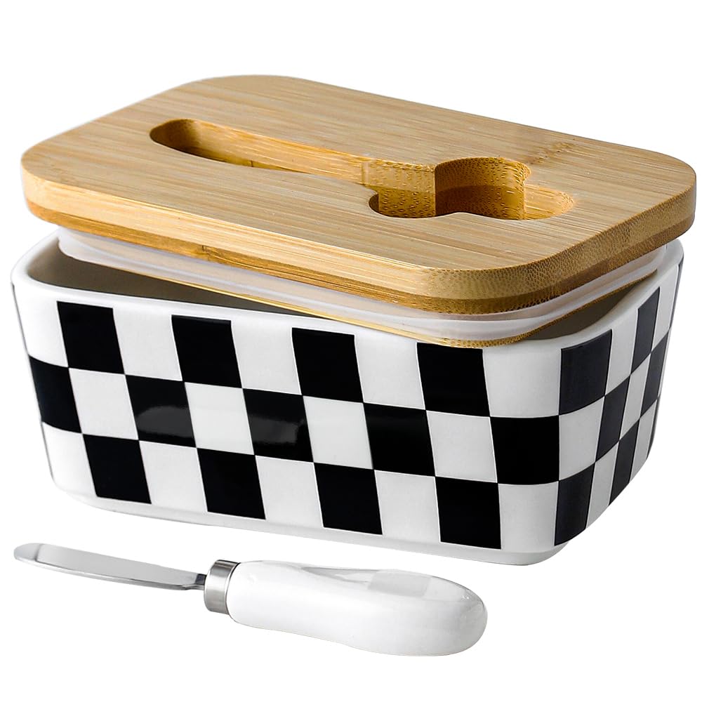 Butter Dish with Lid for Countertop, Checkered Ceramic Butter Container, Embossed Butter Keeper with Bamboo lid, Knife, and Airtight Cover, Cute Kitchen Farmhouse Decor (Black-White)