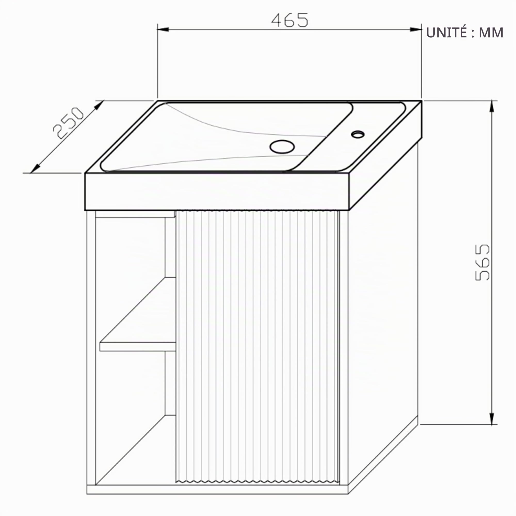 Meuble de lavabo Mural 46 cm avec lavabo – Meuble de Toilette étroit avec Porte rainurée à Fermeture Douce et étagère Ouverte, Blanc Mat/Golden Sand