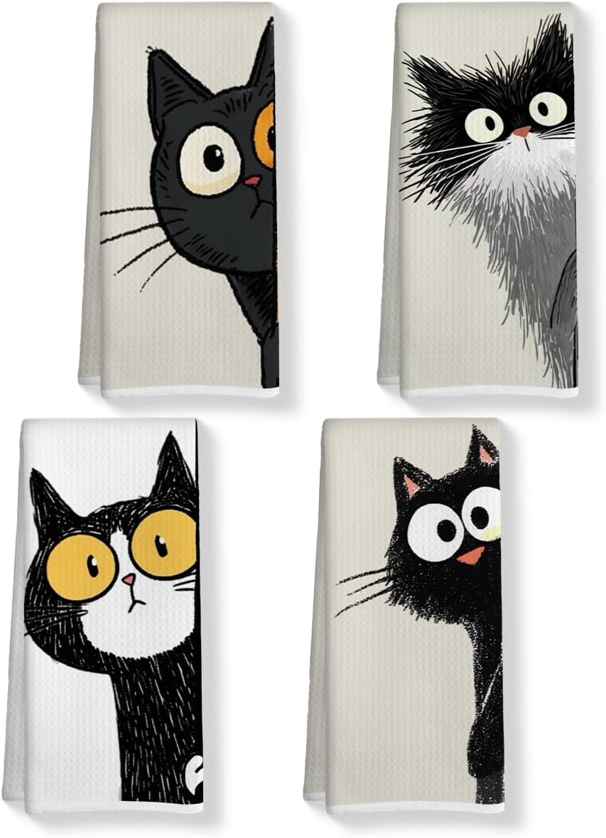 4 Pcs Funny Cat Kitchen Towels, Cute Cats Gifts Absorbent Tea Towel