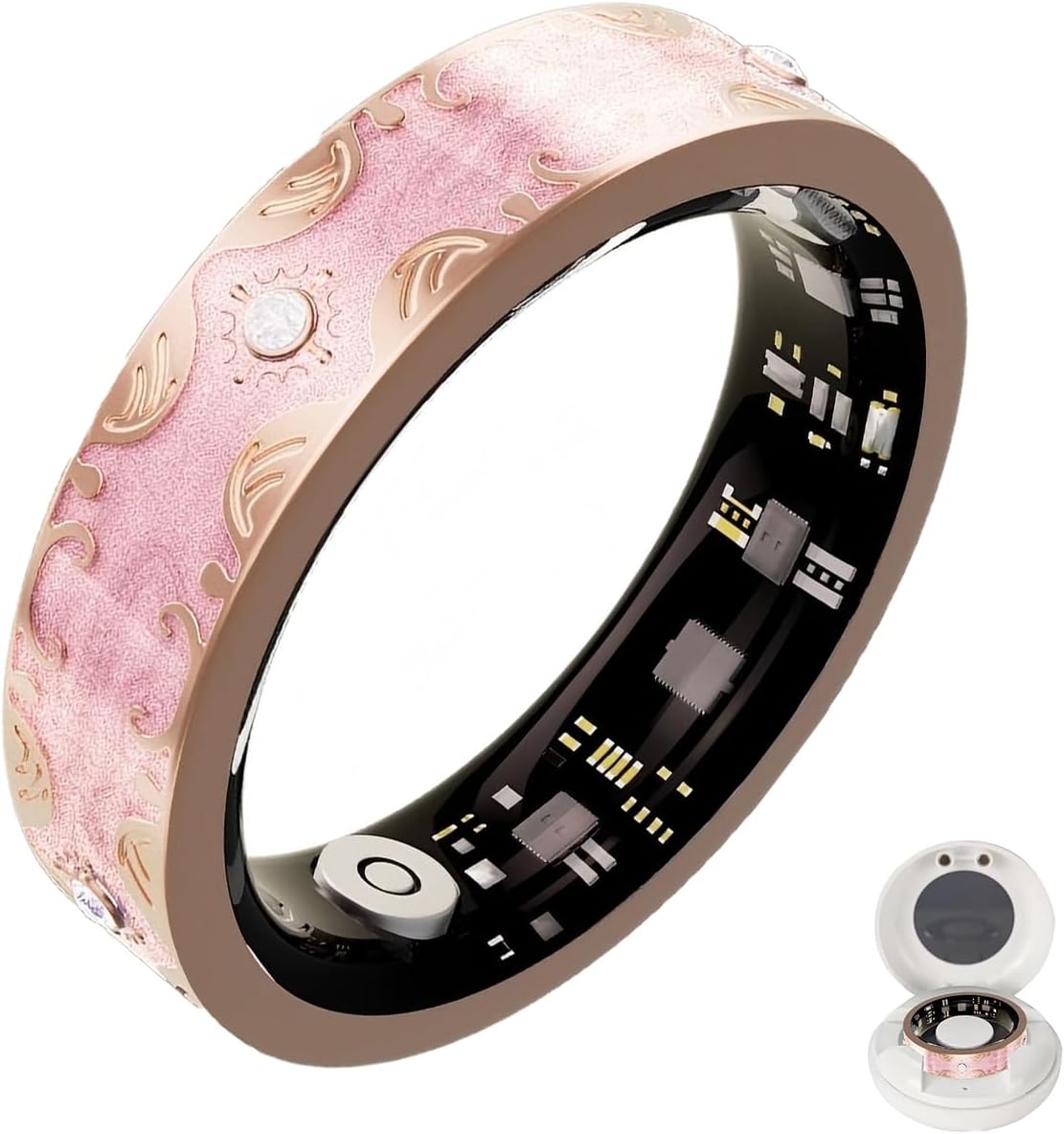 Retro Bluetooth Smart Ring for Women Fitness Tracker Ring with Heart Rate, Sleep Monitoring, Blood Oxygen, Step Counting for iOS and Android (Pink, 9#)