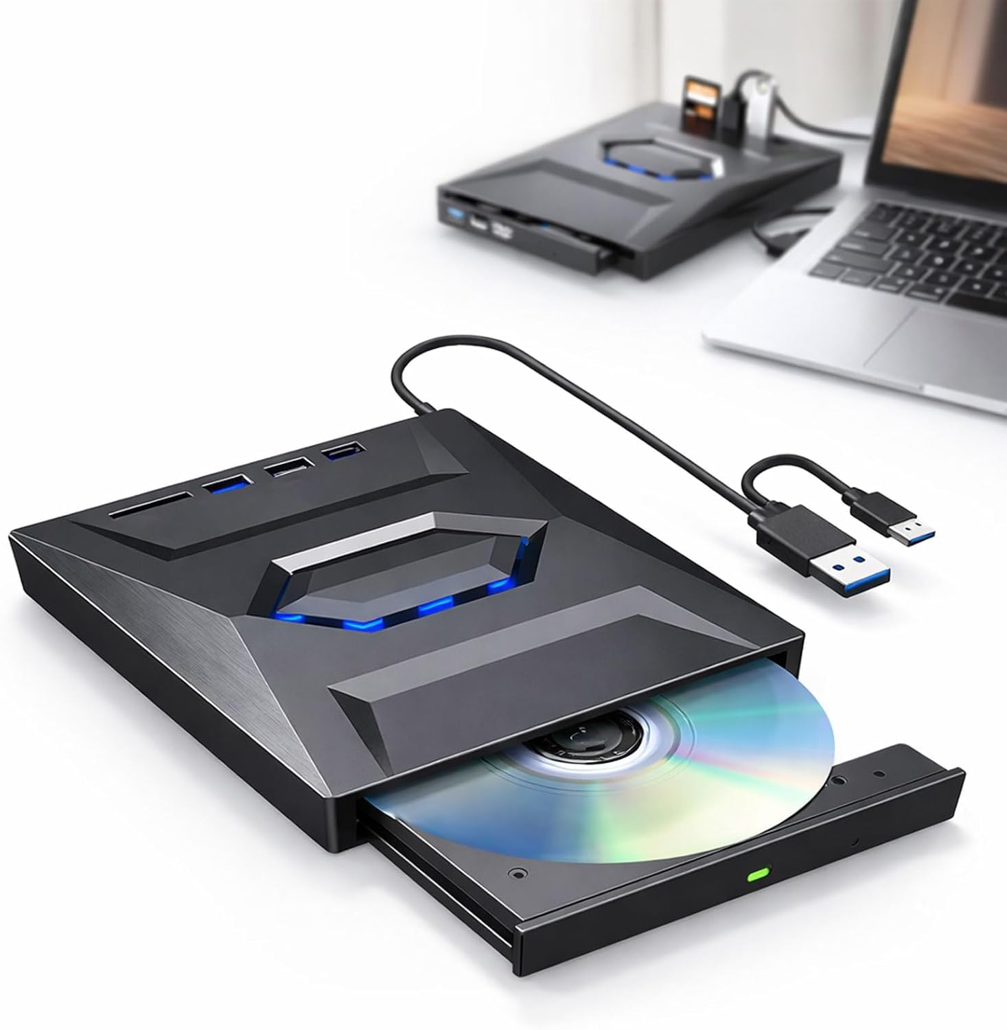 Lecteur DVD externe 7 en 1 USB et lecteur Blu-ray, USB C 3.0 de type C, graveur portable BD/DVD/CD avec 3 ports USB et lecteur de carte SD/TF, lecteur optique Blu-ray 6X pour ordinateur portable de