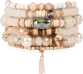 Bead Multi Layer Versatile Statement Bracelets - Stackable Beaded Strand Stretch Bangles Sparkly Crystal Mix, Tassel Charm