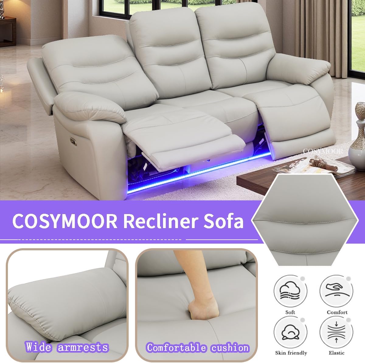 Power Recliner Sofa and Loveseat Set, Grey Leather Reclining Sofa Sectional Couches with 6 Seat Recliner, Living Room Furniture, Reclining Sofa with Cup Holders/Storage Console for Office