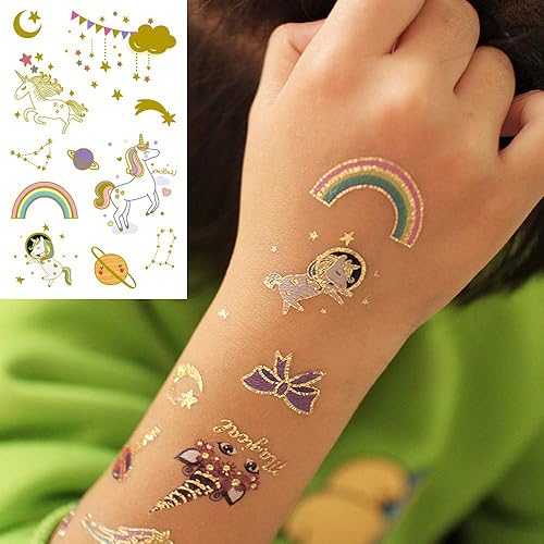 Miniatura 3 de 6 hojas de tatuajes dorados de unicornio para niñas, recuerdos de fiesta de cumpleaños dorados, calcomanías temporales doradas, estrellas mágicas de