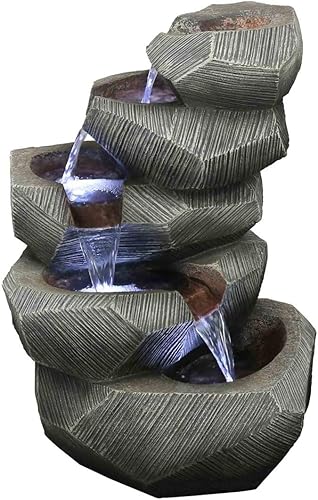 Fuente de piedra cincelada de 5 niveles moderna con luces LED característica de agua al aire libre intrigante para jardines y patios. Bomba