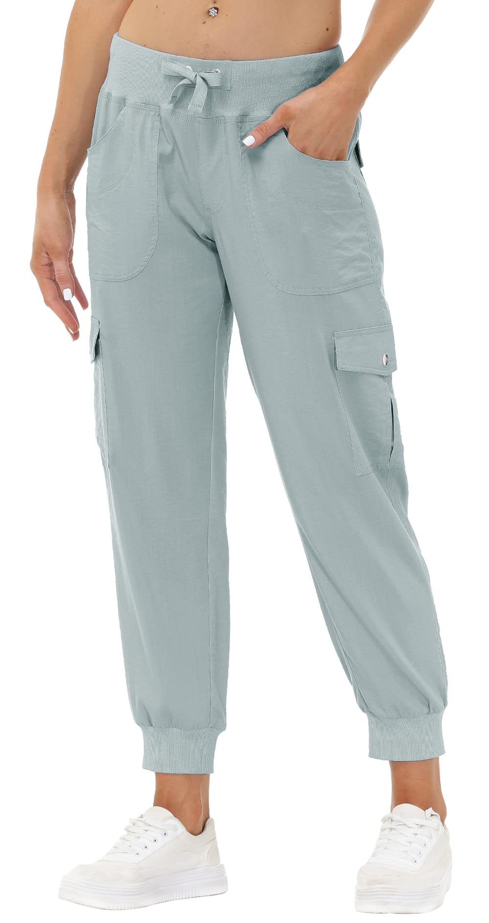 JINSHI Hosen Damen Cargohose Lange Capri Freizeithose Outdoor Jogginghose High Waist mit Kordelzug