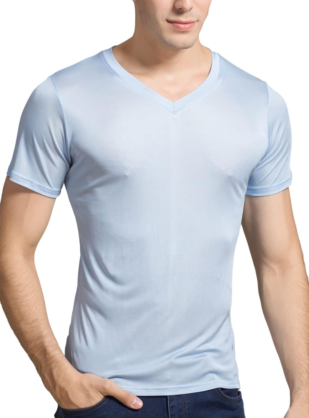 Grenasasilk Mens Silk T-Shirts Short Sleeve Mulberry-Silk Tee Tops Breathable & Moisture V-Neck Undershirt - Image 4