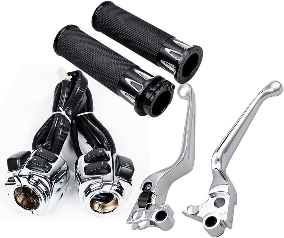 Aluminum Chrome Brake Clutch Hand Lever with ON/Off Switch Control Kit + Black Rubber Hand Grips Compatible with 1996-2010 Harley Dyna Sportster XL883 XL1200 Softail 1" Handlebar