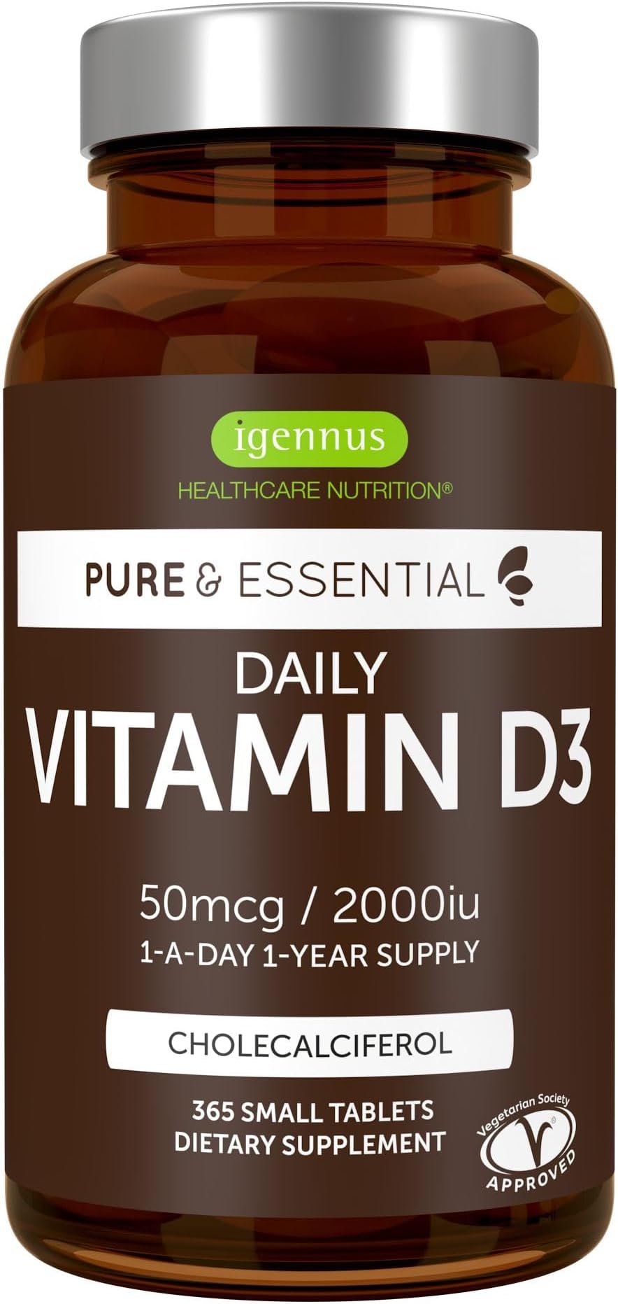 Igennus Daily Vitamin D3 2000iu, 50 mcg, Clean Label, 1-Year Supply | Vegetarian Cholecalciferol Vitamin D Supplement, 365 Small Tablets