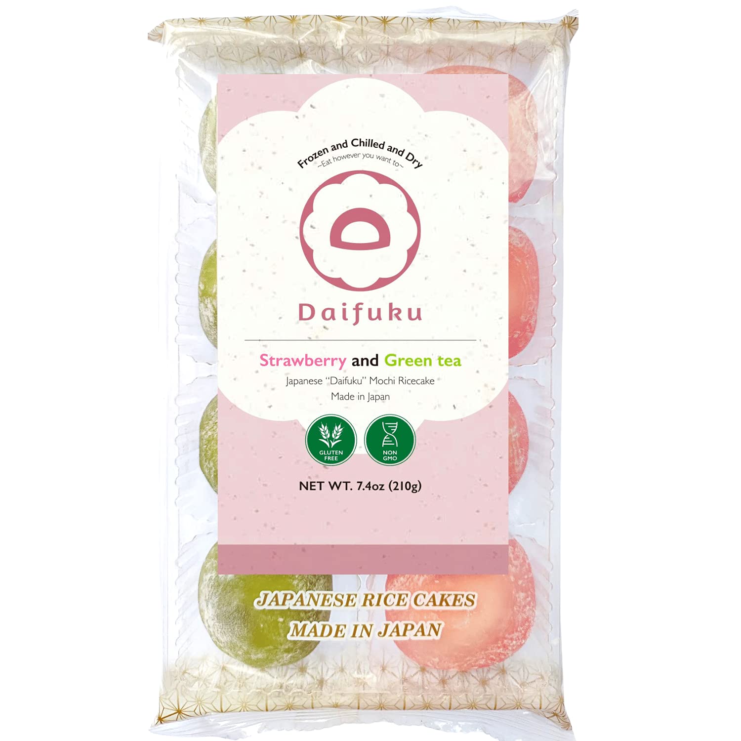 Japanese Daifuku Mochi Sweet Rice Cake, 3 Layers- Mochi, Marshmallow, Filling / (Strawberry and Green tea) 7.4oz/ 210g