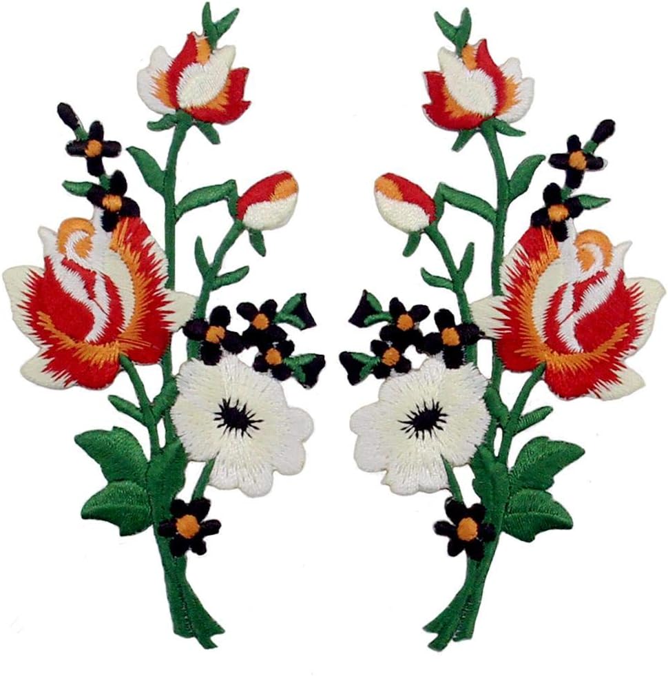 Flowers Bouquet Boho Patch Embroidered Floral Applique Iron On Sew On Rose Emblem, Red & White, Set of 2 Pcs
