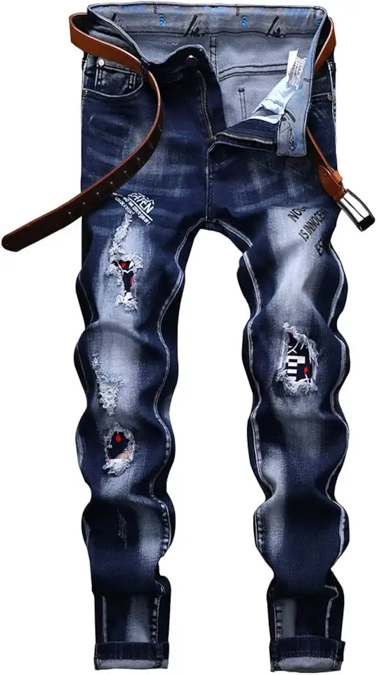 N//C Jeans Men Ripped Denim Pants Straight Slim Fit Regular Distressed Comfort Flex