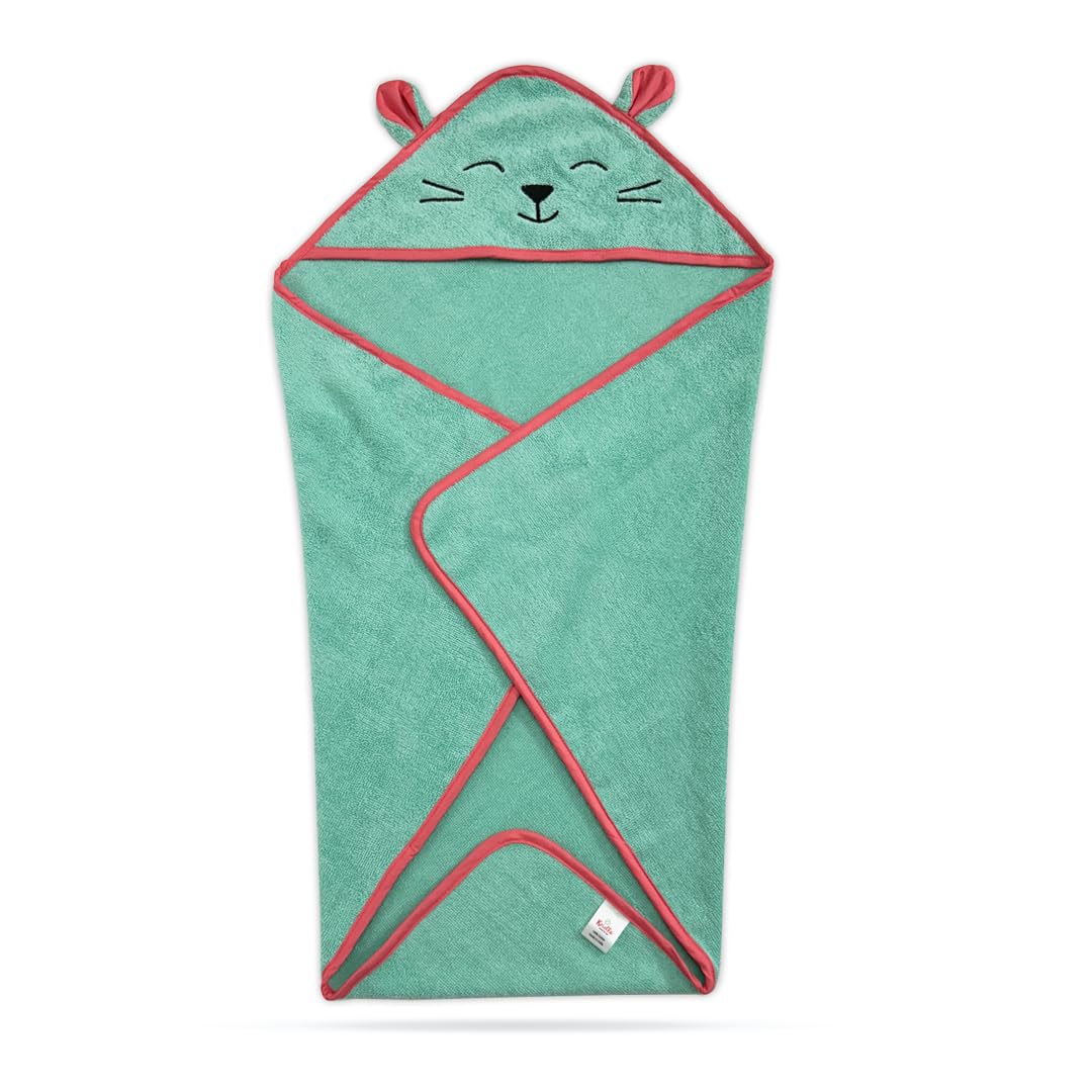 Kridlo 100% Cotton Terry Baby Hooded Towel for Newborn, Super Soft & Absorbent GSM-550 Bath Towel, 70x70cm, 0-2 Years (Pack of 1, Minty Green Cat) 1