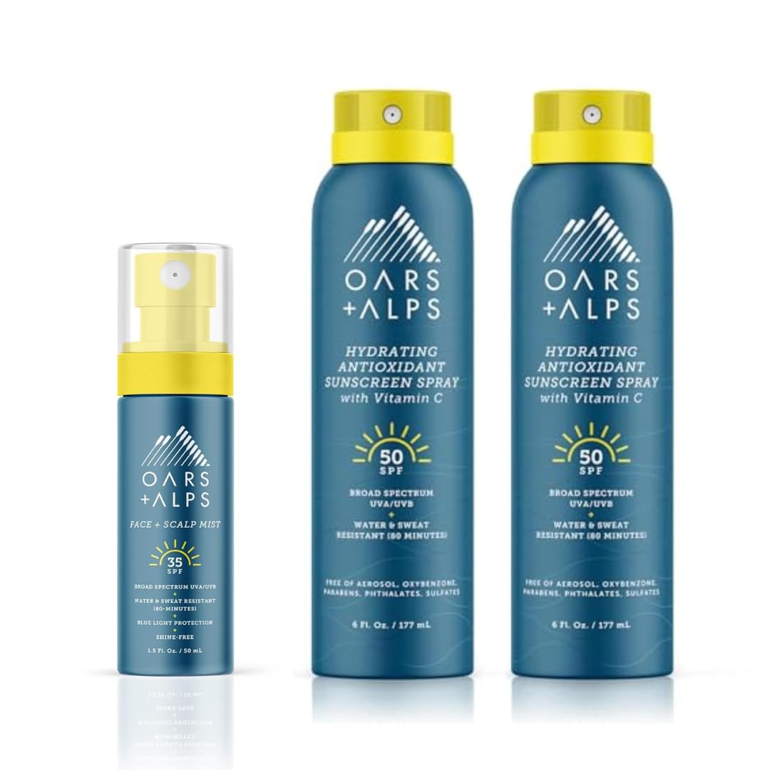 Oars + Alps Face and Scalp Mist SPF 35 Sunscreen + Hydrating SPF 50 Sunscreen Spray 2-Pack Set, Water and Sweat Resistant, Infused with Vitamin C and Antioxidants, 3 Piece Bundle