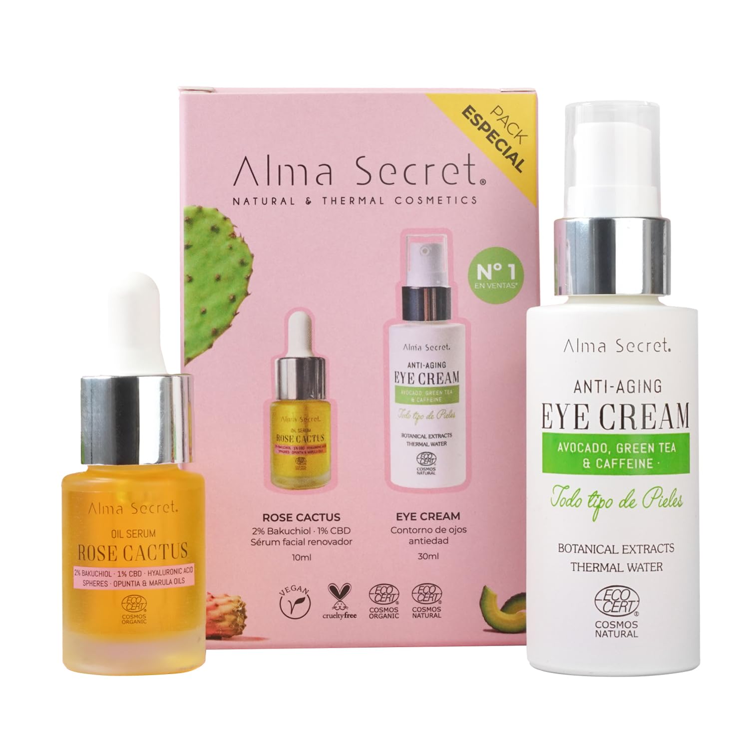Duo Antiedad: Contorno de Ojos Alma Secret de Aguacate, Té Verde y Cafeína 30ml + Sérum Facial Rose Cactus10ml - Eye Cream y Serum Hidratante, Reafirmante, Vegano ECOCERT COSMOS NATURAL