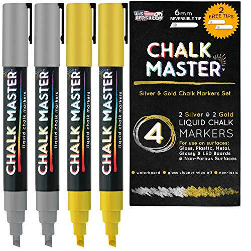 Chalkmaster Liquid Chalk Markers - Set of 2 Gold and 2 Silver Colored Liquid Chalk Premium Artist Quality Marker Pens + 2 Free Additional 6 mm Reversible Chisel to Bullet Point Tips -100% Guarantee