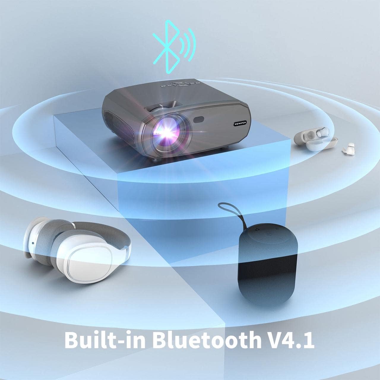 WEWATCH V50 Projector with Bluetooth headphones and speaker