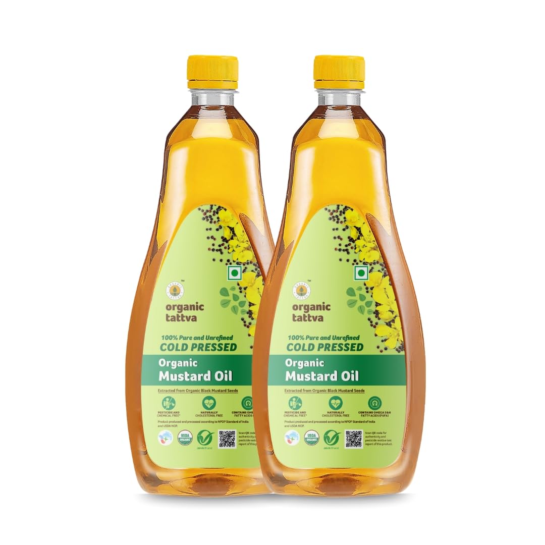 Organic Tattva, Organic Cold Pressed Mustard/Sarso Unrefined Cooking Oil - 1 Litre (Pack of 2)