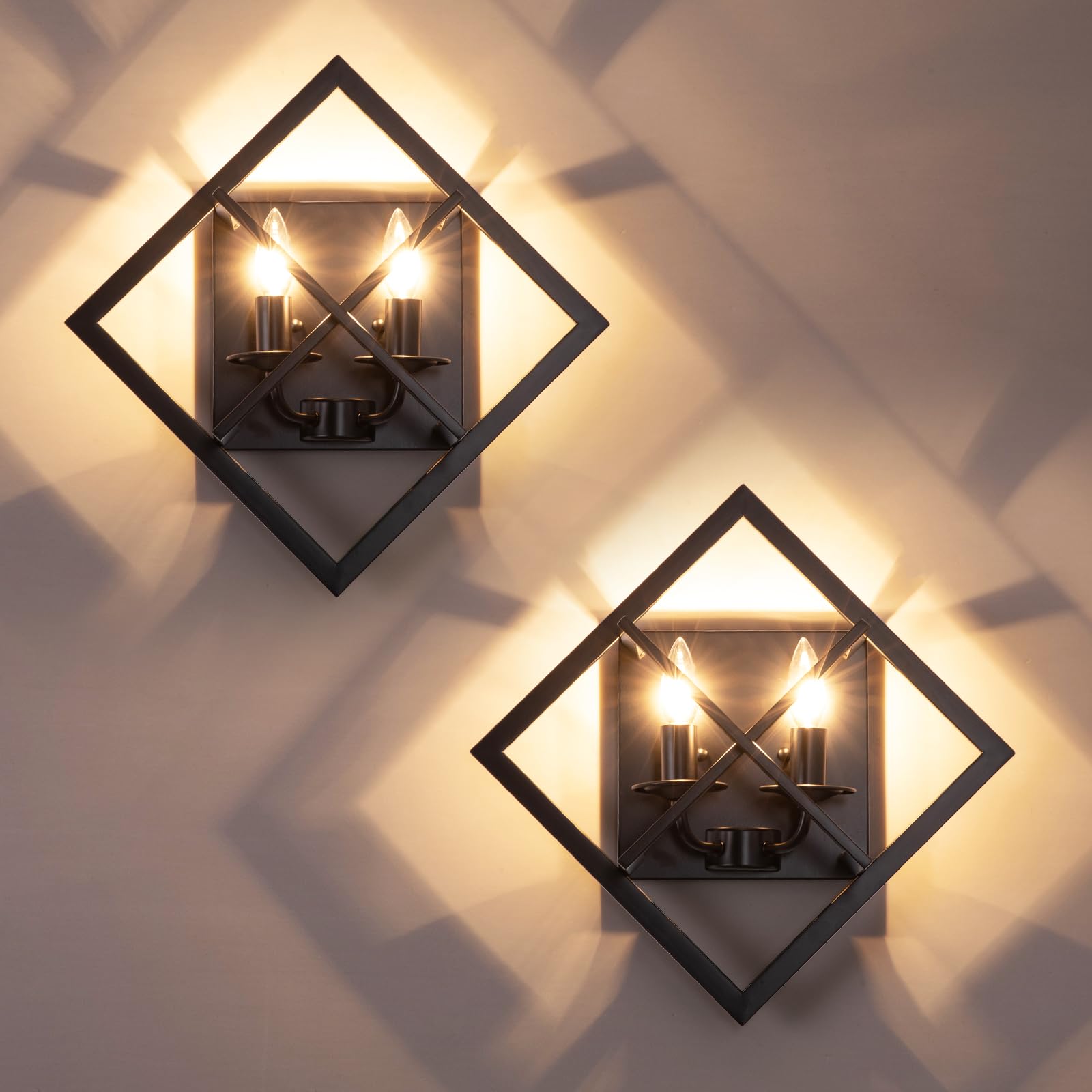 Juego de 2 apliques de pared negros para escaleras, apliques rústicos de pared de 17.8 pulgadas, lámpara de montaje en pared interior para sala de estar, dormitorio, baño (base E12, bombillas